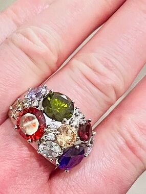 Vintage Multicolor Crystal Cocktail Ring Statement NVC Collister Sz 9